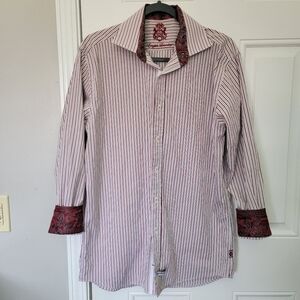 English Laundry Mens Button Shirt Burgandy Striped Flip Cuff Paisley 15.5 32/33